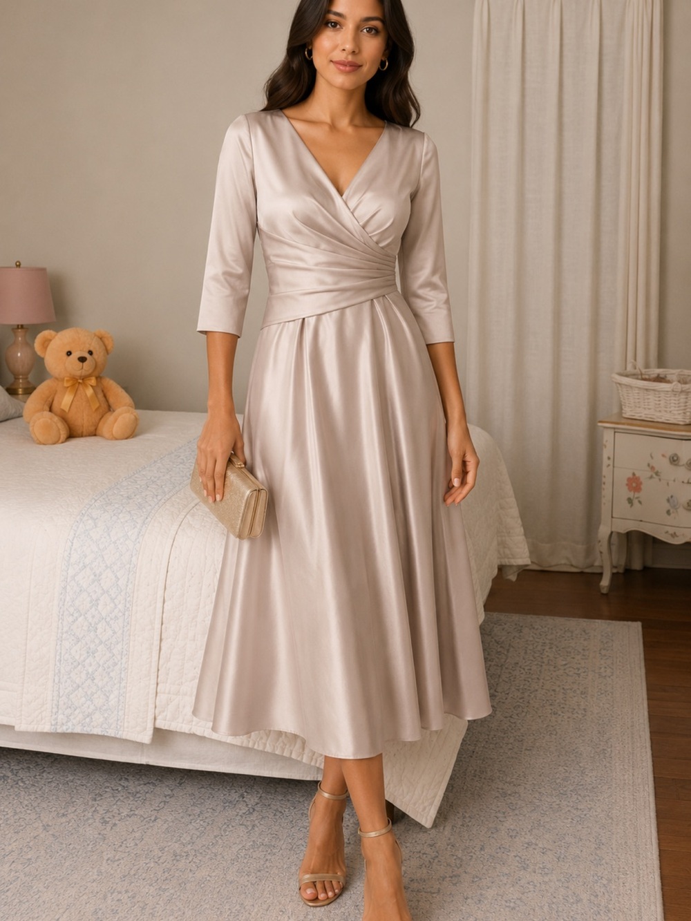Lulus Lanting Bride Champagne Satin Midi Dress Size 6